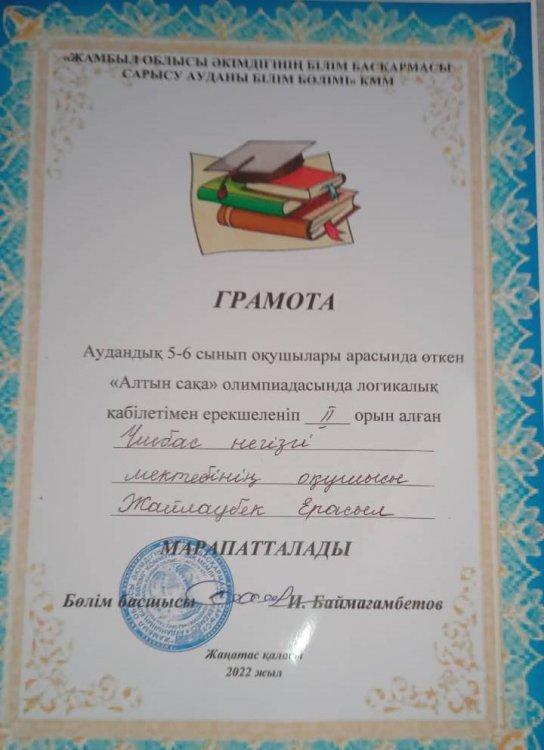 Аудандық  "Алтын  сақа" олимпиадасында  логикалық  қабілетімен  ерекшеленіп  ІІ  орынға  иеленген  6  сынып  оқушысы  Жайлаубек  Ерасыл  марапатталды